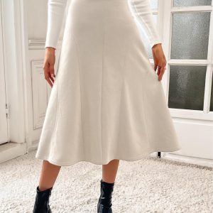 Women's Suede Midi Skirt 2024 Fall Winter High Waist A Line Skirt